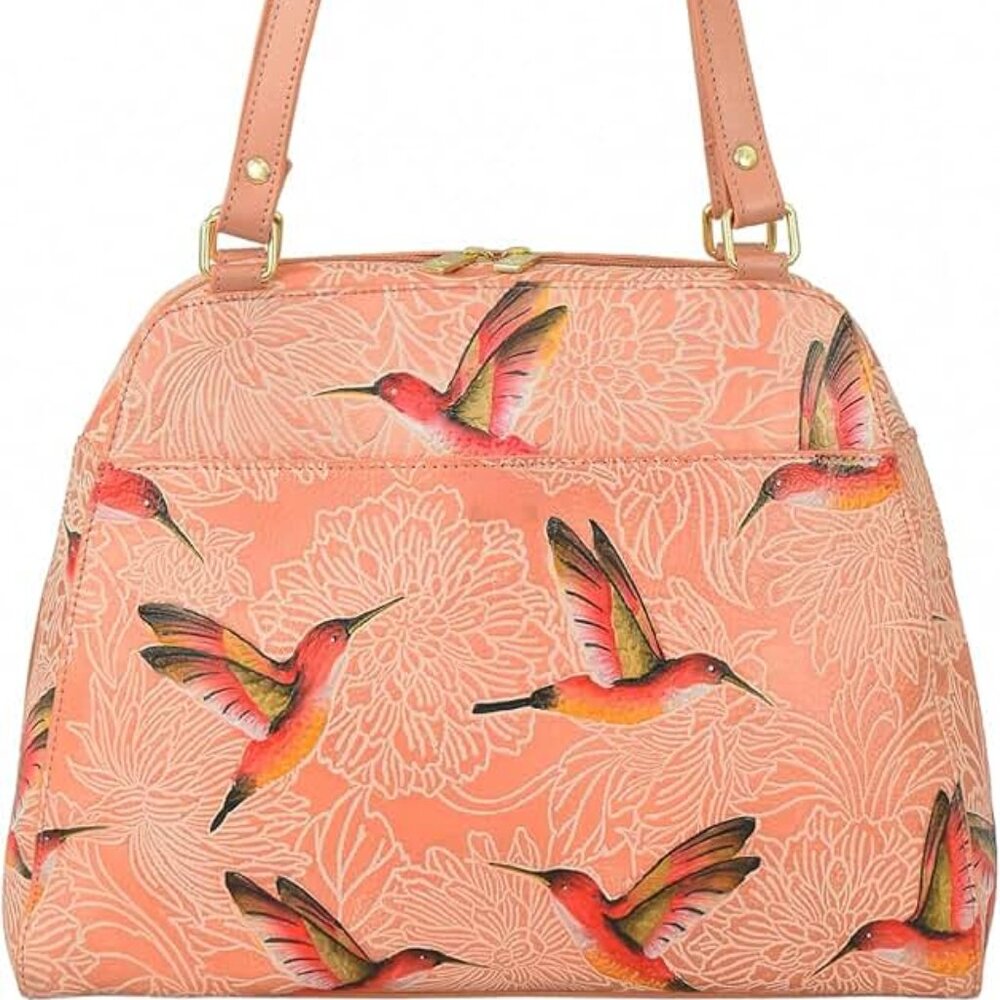 Anuschka Women’s Original Genuine Leather Birds Peach Hand-Painted Satchel NEW
